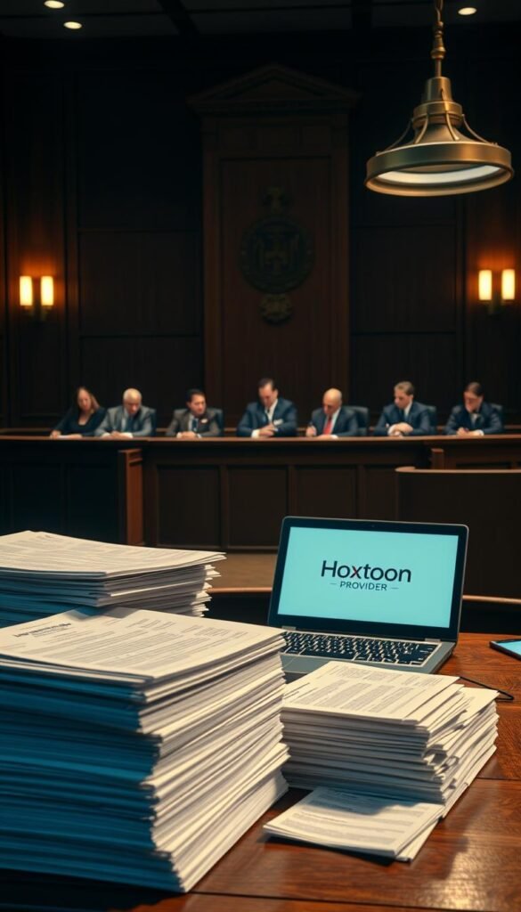 A high-resolution, photorealistic image of the legal landscape of IPTV in the United States. The scene depicts a courtroom setting with a judge's bench, witness stand, and gallery seating. The foreground features a large stack of legal documents and a laptop displaying the Hoxtoon Provider logo, hinting at the complexities of IPTV legalities. The middle ground showcases a team of lawyers and experts debating the nuances of IPTV regulations, while the background is dimly lit, creating a somber, serious atmosphere. Soft lighting from overhead lamps casts dramatic shadows, emphasizing the gravity of the subject matter. The overall composition conveys the intricate, multifaceted nature of the IPTV legal landscape in the United States.