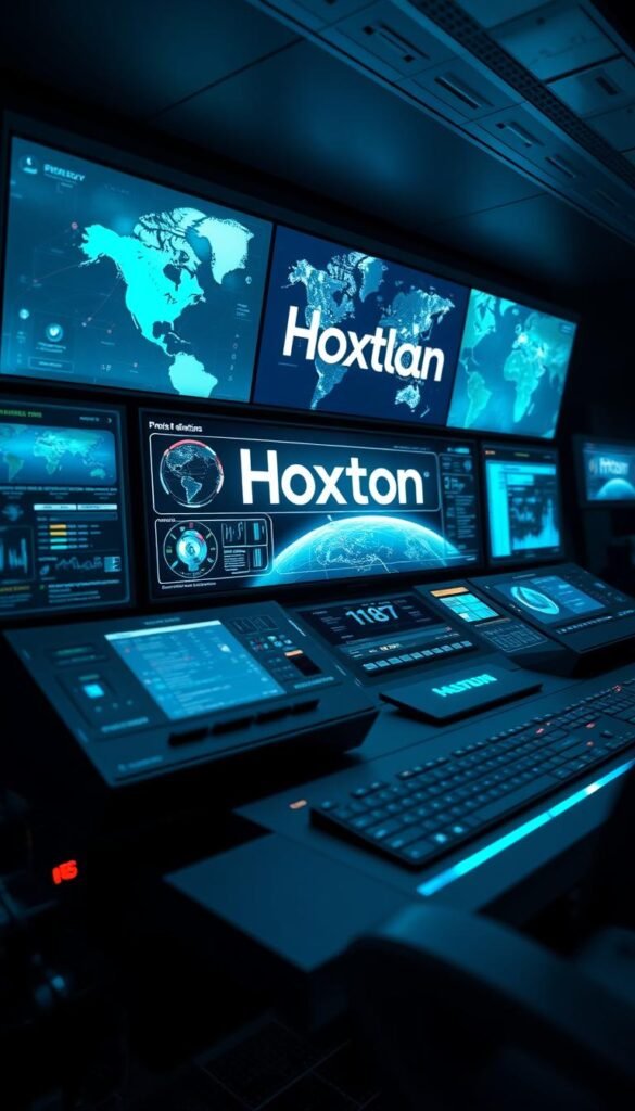 A high-tech control panel displaying the Hoxtoon Provider brand, showcasing the intricacies of IPTV streaming technology. Sleek, futuristic interface with real-time data visualizations, satellite imagery, and interactive controls. Subtle blue-green lighting casts an ambient glow, creating a professional, cutting-edge atmosphere. The scene is captured from a low, dynamic angle to emphasize the complexity and power of the IPTV system. Crisp details, hyper-realistic textures, and a sense of depth and dimensionality bring this technological marvel to life.