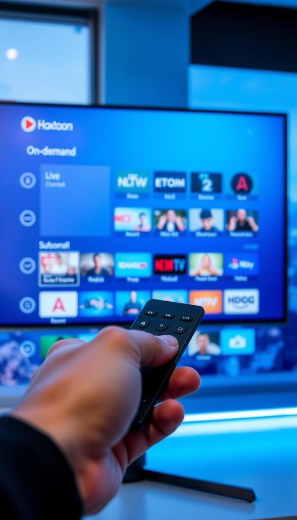 A high-tech digital device displaying the Hoxtoon Provider IPTV streaming service interface. The screen showcases a clean, user-friendly layout with a grid of live TV channels, on-demand content, and customization options. Soft blue and gray tones create a sleek, modern aesthetic. In the foreground, a hand holding a minimalist remote control, hinting at the seamless interaction. The background features a blurred cityscape, suggesting the global connectivity of the IPTV service. Lighting is subtle, with a touch of ambient glow, creating an immersive, cinematic atmosphere.