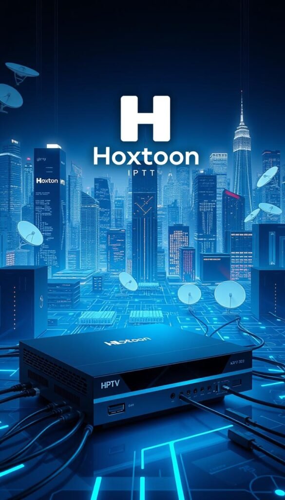 A high-tech digital landscape depicting the core components of IPTV technology. In the foreground, a Hoxtoon Provider logo hovers above a sleek, futuristic set-top box connected to various cables and ports. In the middle ground, a network of interconnected servers, routers, and satellite dishes illustrate the infrastructure powering IPTV distribution. The background features a cityscape of towering skyscrapers, conveying the widespread adoption and integration of IPTV into modern urban environments. The scene is illuminated by a cool, bluish lighting scheme, evoking a sense of technological sophistication and innovation.