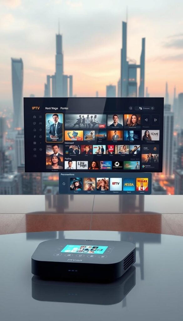 A high-tech digital landscape depicting the future of internet protocol television (IPTV). In the foreground, a sleek, futuristic Hoxtoon Provider device sits atop a minimalist, glass-topped table, its glowing interface showcasing a vibrant, interactive IPTV menu. The middle ground features a holographic display projecting a diverse array of IPTV content, including live streams, on-demand movies, and personalized recommendations. In the background, a cityscape of towering skyscrapers and futuristic architecture creates a sense of a connected, technologically advanced world, hinting at the seamless integration of IPTV into everyday life. The scene is bathed in a warm, slightly muted color palette, conveying a sense of sophistication and innovation. The lighting is soft and diffused, creating a clean, sophisticated aesthetic.