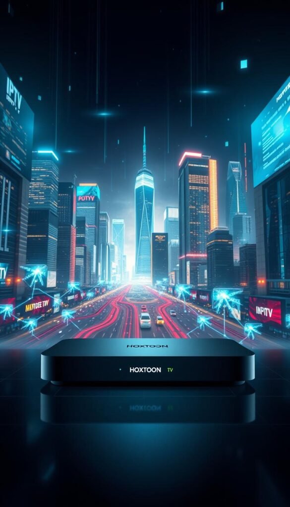 A high-tech digital landscape depicting the future of television. In the foreground, a sleek, modern IPTV set-top box from the "Hoxtoon Provider" brand, its minimalist design highlighted by dramatic lighting. In the middle ground, a network of interconnected devices and screens, representing the seamless integration of IPTV technology. The background showcases a futuristic cityscape, with towering skyscrapers and glowing, holographic displays, symbolizing the widespread adoption and impact of IPTV on the urban landscape. The overall scene conveys a sense of progress, innovation, and the transformative power of IPTV in revolutionizing the television viewing experience.
