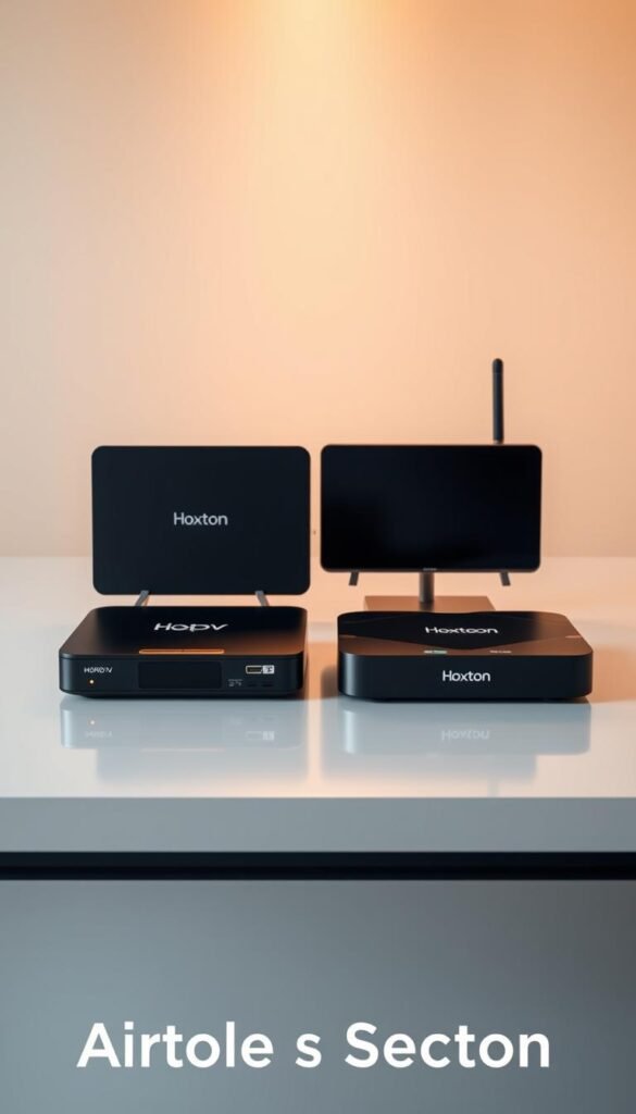 A highly detailed and photorealistic comparison of popular Android IPTV players, showcased on a sleek, modern tabletop against a minimalist background. The players are displayed prominently, with their distinct designs and features clearly visible. Warm, directional lighting accentuates the texture and materiality of the devices, creating a premium, high-end aesthetic. The composition is balanced and visually appealing, drawing the viewer's attention to the key players being compared, including the Hoxtoon Provider device. The overall mood is one of professionalism and technical expertise, reflecting the subject matter of the article section.