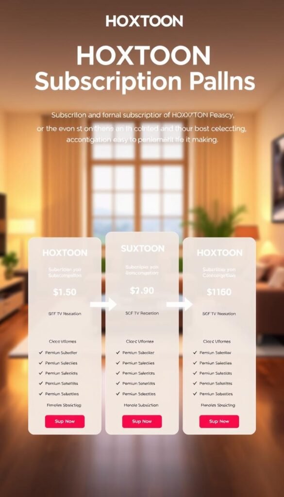 A highly detailed and realistic digital illustration of the "HOXTOON Subscription Plans" for an IPTV service. The image shows a clean, minimalist layout with three distinct subscription tiers showcased against a blurred background of a living room setting, suggesting a home entertainment context. The plans are presented with elegant typography, clear pricing, and concise feature lists. The overall aesthetic is sophisticated, modern, and visually appealing, reflecting the Hoxtoon Provider brand identity. Warm lighting from a large window casts a soft glow, creating a welcoming, premium atmosphere. The composition is balanced and visually striking, drawing the viewer's attention to the key subscription details.