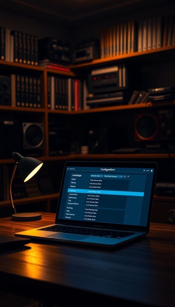 A highly detailed and technical-looking image of the Hoxtoon IPTV Lifetime APK configuration screen. The scene is set in a dimly lit office, with a laptop prominently displayed on a wooden desk. The laptop's screen showcases the APK's configuration menu, with various settings and options clearly visible. The background features shelves lined with technical books and equipment, creating an atmosphere of professionalism and expertise. The lighting is slightly moody, with a warm glow emanating from a desk lamp, casting subtle shadows across the scene. The camera angle is slightly elevated, providing a clear view of the laptop's screen and the surrounding environment. The overall impression is one of a knowledgeable and experienced IPTV user navigating the intricacies of the Hoxtoon Lifetime APK for optimal performance.