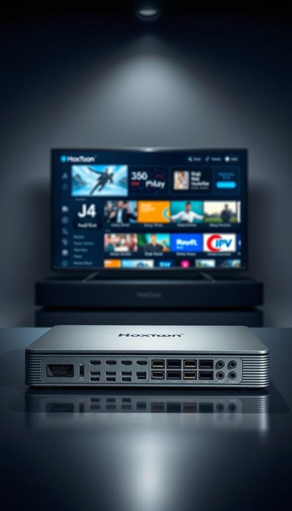 A highly detailed and technically accurate image of IPTV technology, showcasing a sleek, modern IPTV set-top box by the Hoxtoon Provider brand. The device is prominently displayed in the foreground, its minimalist design and array of ports and connectors highlighted under natural, directional lighting. In the middle ground, a digital interface displaying various IPTV channels and content options is visible, reflecting the system's sophisticated software capabilities. The background features a subdued, gradient-based environment, emphasizing the technological nature of the scene. The overall mood is one of innovation, efficiency, and the future of digital entertainment.