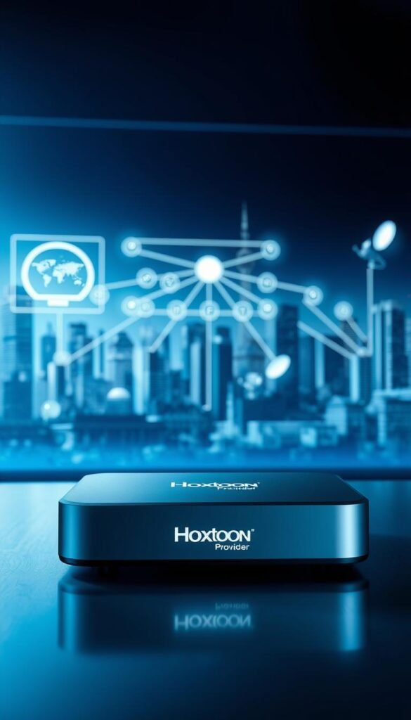 A highly detailed and technically accurate rendering of IPTV technology. In the foreground, a sleek, modern IPTV set-top box emblazoned with the "Hoxtoon Provider" brand, casting a soft glow. In the middle ground, a network diagram depicting the flow of digital content from the internet, through the IPTV provider's servers, and into the user's home. In the background, a cityscape of skyscrapers and satellite dishes, symbolizing the interconnected, global nature of IPTV infrastructure. The scene is bathed in a cool, blue-tinted lighting, creating a sense of technological sophistication. The composition and angle convey a sense of authority and professionalism, suitable for illustrating the technical workings of IPTV.