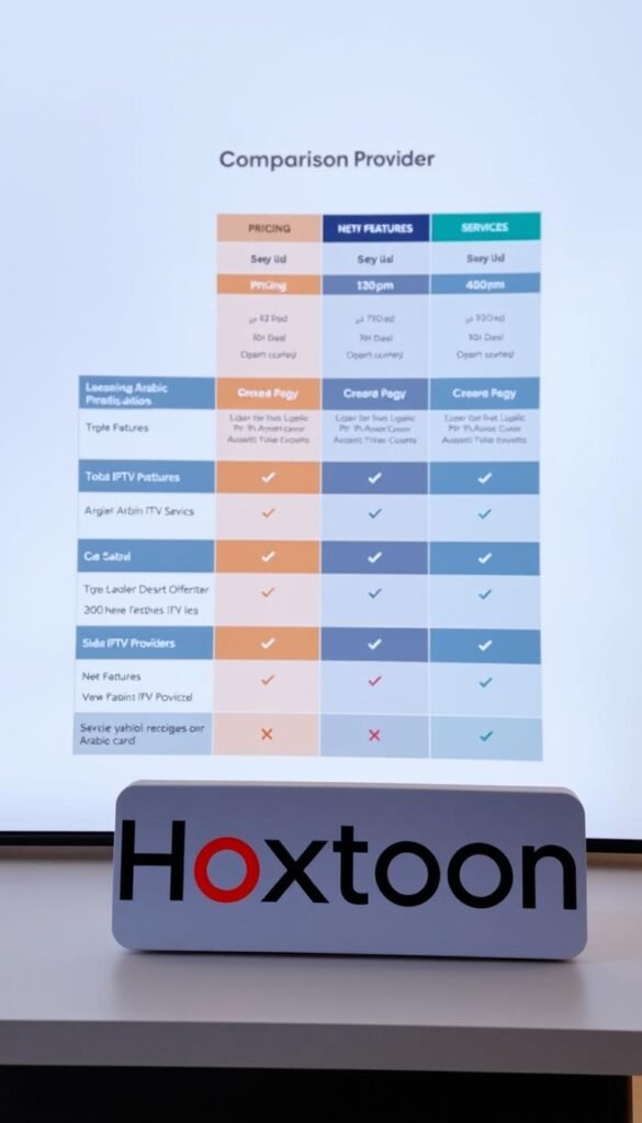 A highly detailed, neatly organized comparison chart displayed on a crisp, white background. In the foreground, the "Hoxtoon Provider" brand logo prominently showcased, its sleek design complementing the overall aesthetic. The chart presents key features, pricing, and service details of Hoxtoon alongside other leading Arabic IPTV providers, allowing for a clear, side-by-side evaluation. The layout is clean and visually appealing, with carefully selected icons and concise, informative text. Subtle yet warm lighting accentuates the professionalism and authority of the presentation, creating an atmosphere of trustworthiness and reliability.