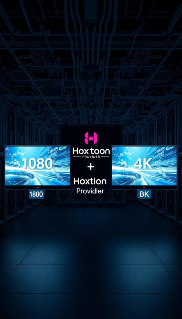 A highly detailed, technical illustration showcasing various IPTV streaming resolutions against a dark, industrial backdrop. In the foreground, a series of on-screen display windows demonstrate 1080p, 4K, and 8K resolutions, each with clear, precise visual representations. The middle ground features a Hoxtoon Provider logo, conveying the technical capabilities of this premium IPTV service. In the background, a complex matrix of digital data streams and cable connections creates a sense of sophisticated, cutting-edge infrastructure. The overall mood is one of technological prowess and high-performance video delivery.