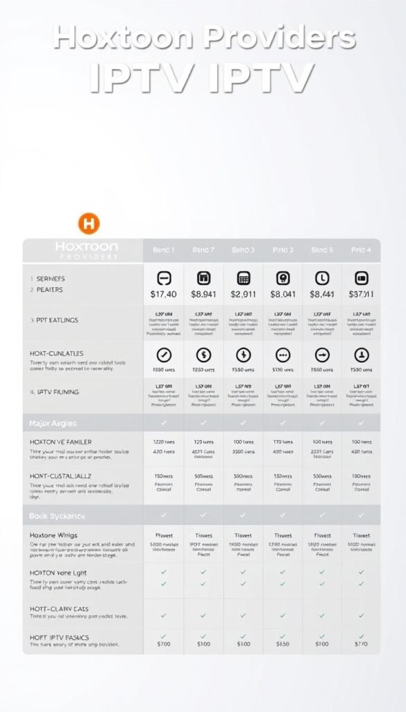 A highly detailed, wide-angle comparison of leading IPTV providers, showcasing their key features and pricing in a sleek, minimalist infographic layout. The foreground displays the Hoxtoon Provider brand prominently, with its logo, service tiers, and cost breakdowns. The middle ground features other major IPTV options arrayed in a grid, each with distinctive icons and concise summaries. The background is a clean, neutral gradient that allows the information to stand out clearly. Crisp, evenly-lit rendering with a professional, data-driven aesthetic.