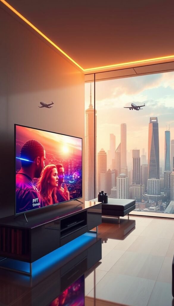A hyper-realistic, cinematic view of the future of IPTV4K technology. In the foreground, a sleek, minimalist 4K UHD smart TV display showcases vibrant, ultra-high definition visuals. Surrounding it, a futuristic living room with seamless voice-controlled smart home integration and holographic displays. In the background, a cityscape of towering skyscrapers and flying vehicles, all powered by the lightning-fast, low-latency Hoxtoon Provider IPTV4K network. The scene is illuminated by warm, dynamic lighting that creates a sense of wonder and technological advancement.