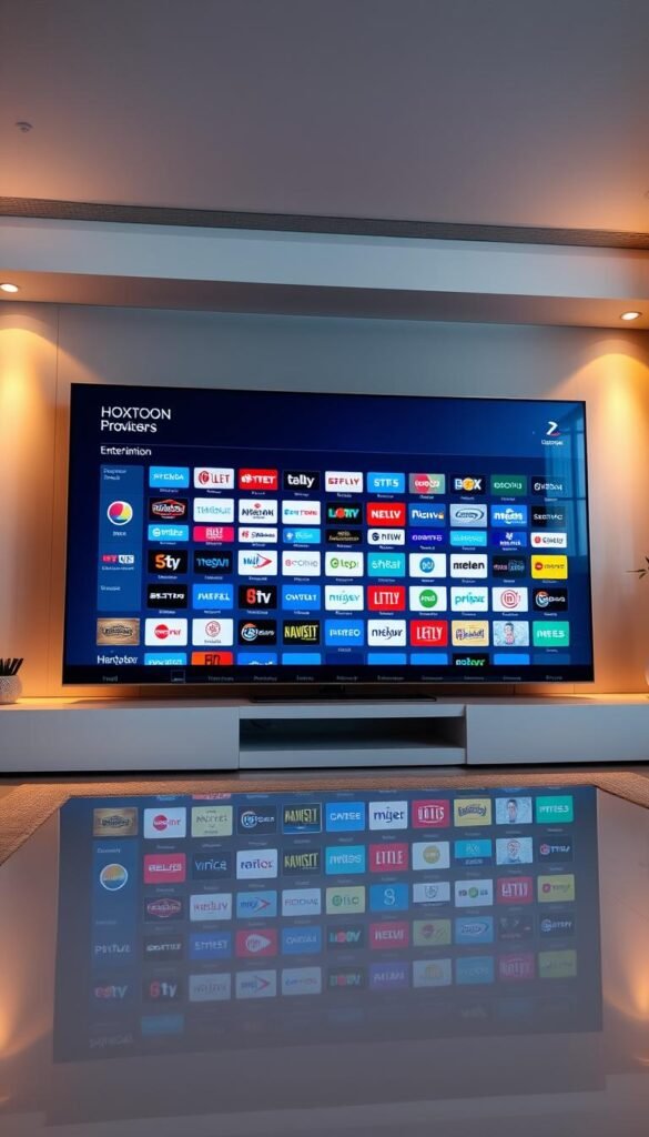 A large, high-resolution screen displaying the Hoxtoon Provider channel selection interface, showcasing a vast array of entertainment options. The screen is situated in a modern, minimalist living room setting with warm, diffused lighting and subtle reflections on the glossy surface. The channel logos and program information are crisp and legible, inviting the viewer to explore Hoxtoon's expansive 21,000+ channel offerings. The overall atmosphere conveys a sense of technological sophistication and visual clarity, reflecting the quality and depth of the Hoxtoon IPTV service.