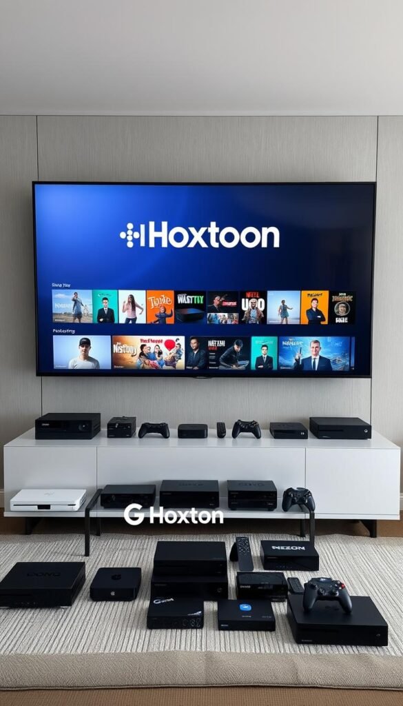 A large, modern entertainment center filled with various media and streaming devices, prominently displaying the "Hoxtoon Provider" brand. The scene is well-lit, with a clean, minimalist design and a sleek, high-tech aesthetic. In the foreground, a state-of-the-art smart TV takes center stage, its screen displaying a diverse array of content and channels. In the middle ground, several streaming boxes, gaming consoles, and other media devices are neatly arranged, showcasing the breadth of Hoxtoon's content library. The background features a seamless, neutral-toned wall, allowing the technology to take the spotlight. The overall impression is one of efficiency, quality, and an unparalleled selection of entertainment options.