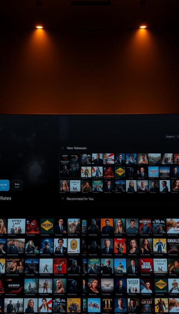 A large, sleek media center interface filled with a vast array of TV show and movie thumbnails, showcasing the extensive Hoxtoon Provider content library. The interface has a minimalist, high-tech design with clean lines and a dark, moody color palette. In the foreground, a grid of thumbnails displays a diverse range of popular and niche titles, with clear icons and labels. The middle ground features larger, highlighted sections for different content categories, such as "New Releases", "Top Rated", and "Recommended for You". The background subtly depicts a stylized cityscape, hinting at the global reach and depth of the Hoxtoon Provider's IPTV service. Warm lighting from above creates a sleek, premium feel, while subtle animations and transitions between sections add a sense of dynamism and interactivity.