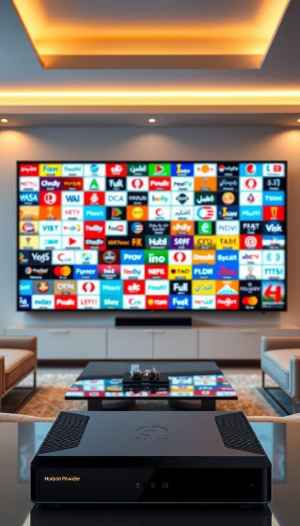 A large, state-of-the-art TV screen displays a vibrant mosaic of Arabic TV channels, their logos and program information. The screen is situated in a modern, minimalist living room setting, with sleek, contemporary furniture and warm, diffused lighting from overhead fixtures. In the foreground, a high-end media streaming device, labeled "Hoxtoon Provider", is prominently displayed, hinting at the ease of accessing these 21,000+ live Arabic channels. The overall scene conveys a sense of technological sophistication, cultural diversity, and the convenience of on-demand entertainment.
