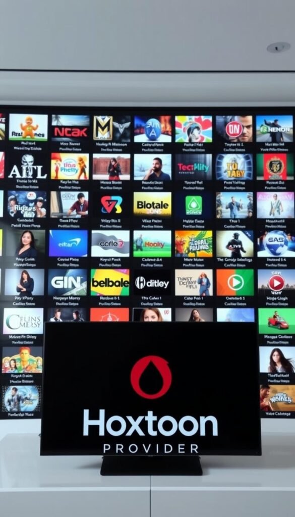 A large, well-organized IPTV content library, showcasing a diverse array of channels and on-demand media. The library is presented in a sleek, modern interface with clean typography and intuitive navigation. In the foreground, the Hoxtoon Provider logo is prominently displayed, indicating the provider of this extensive IPTV service. The middle ground features a grid of channel thumbnails, each with a clear, high-quality preview image. The background is a soft, gradient-based color scheme that provides a visually appealing and immersive environment. The lighting is soft and diffused, creating a sense of depth and dimensionality. The camera angle is slightly elevated, giving the viewer a comprehensive overview of the content library's depth and breadth.