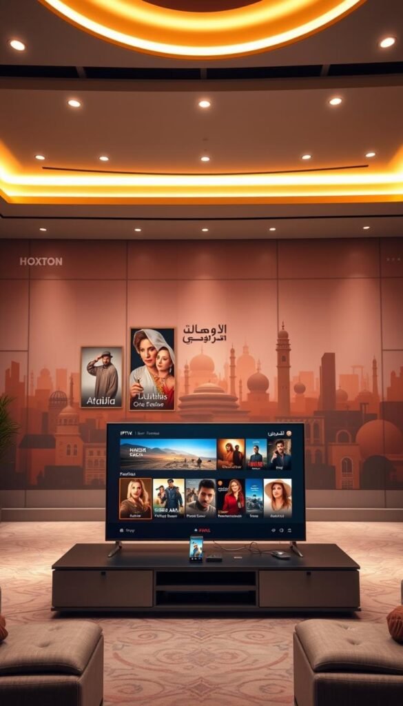 A lavish Arabic IPTV entertainment hub, showcasing the Hoxtoon Provider's vast on-demand library of over 150,000 titles. In the foreground, a sleek, minimalist TV interface displays a curated selection of the latest Arabic movies, series, and live channels. The middle ground features a cinematic poster wall, highlighting the diverse content available, from classic dramas to cutting-edge documentaries. In the background, a stylized cityscape with iconic Middle Eastern architecture sets the cultural tone, bathed in warm, golden lighting that evokes a sense of comfort and luxury. The overall scene conveys the seamless integration of cutting-edge technology and authentic Arabic entertainment, creating an immersive and accessible viewing experience.