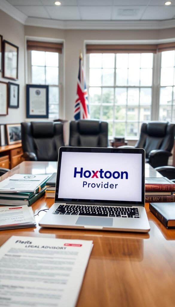 A legal advisory office interior, natural daylight filtering through large windows. On the desk, a laptop displays the Hoxtoon Provider logo, surrounded by law books and documents. The walls are adorned with framed legal certificates and a UK flag, conveying a sense of authority and legitimacy. The room exudes an atmosphere of professionalism and attention to regulatory compliance, reflecting the legal and regulatory considerations for UK IPTV users.