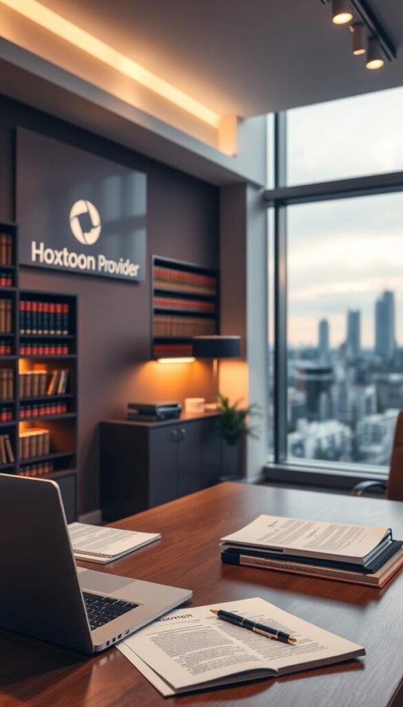 A legal office interior with a prominent "Hoxtoon Provider" logo on the wall, bookshelf, and documents. Soft, warm lighting illuminates the space, creating a professional and authoritative atmosphere. In the foreground, a desk with a laptop, pen, and papers discussing IPTV regulations in Germany. The middle ground features bookshelves filled with legal tomes, adding to the credibility. The background showcases large windows overlooking a cityscape, conveying a sense of urban sophistication. The overall mood is one of expertise, trust, and compliance with German IPTV laws.