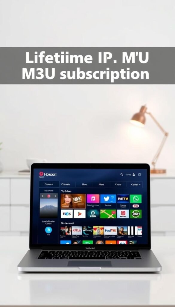 A lifetime IPTV m3u subscription service, like the one offered by Hoxtoon Provider, showcased against a sleek, minimalist background. In the foreground, a laptop or mobile device displays the Hoxtoon Provider's user interface, highlighting the intuitive navigation and access to a vast library of live TV channels and on-demand content. The middle ground features a clean, modern desk setup, with a cup of coffee and a stylish desk lamp, creating a professional, yet cozy atmosphere. The background is a simple, neutral-toned wall, allowing the technology and service to take center stage. The overall mood is one of efficiency, reliability, and the convenience of a lifetime IPTV m3u subscription, conveying the benefits of choosing this service over a monthly subscription.