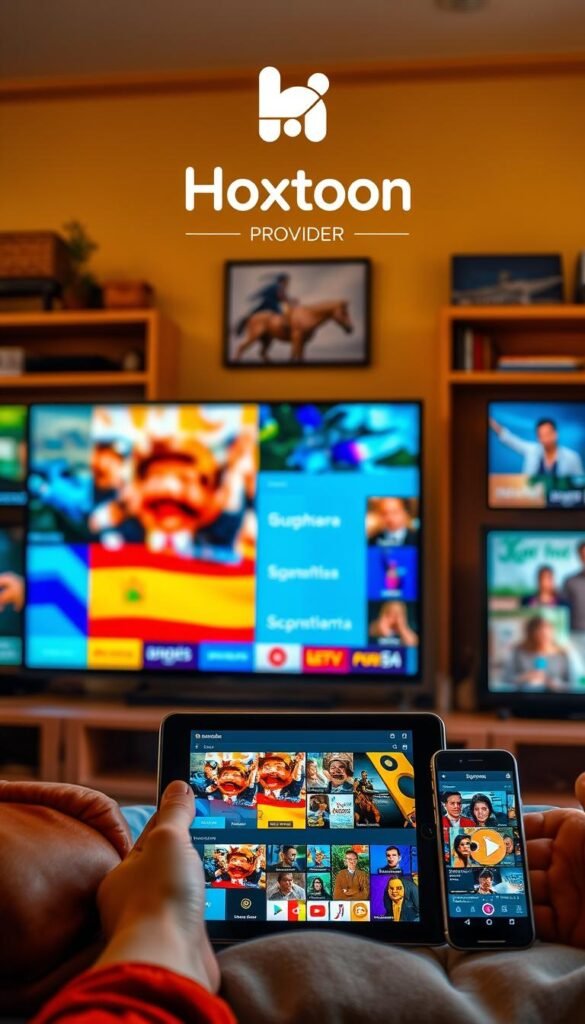 A lively Spanish living room filled with a diverse array of IPTV content displayed on multiple screens. In the foreground, a large flat-screen TV showcases vibrant, high-definition programming, while in the middle ground, a tablet and smartphone display additional Spanish channels and on-demand content. The background features a cozy, well-lit space with warm, earthy tones, suggesting a comfortable and inviting atmosphere. The Hoxtoon Provider logo is prominently featured, indicating the source of the Spanish IPTV content.
