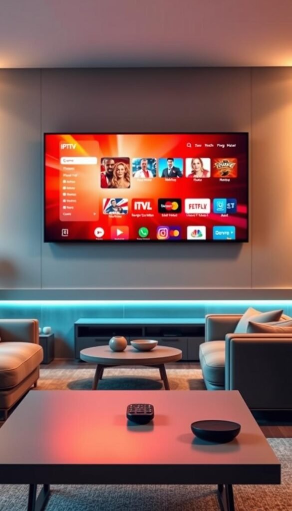 A living room interior with a large, sleek smart TV mounted on the wall. The TV screen displays a vibrant, high-definition image of an IPTV interface, showcasing the Hoxtoon Provider's multi-device streaming capabilities. The room is illuminated by warm, soft lighting, creating a cozy and inviting atmosphere. In the foreground, a modern, minimalist coffee table holds a remote control, hinting at the ease of use. The middle ground features comfortable-looking sofas and armchairs, suggesting a relaxed environment for enjoying content on multiple devices simultaneously. The background includes subtle decor elements that complement the contemporary style.