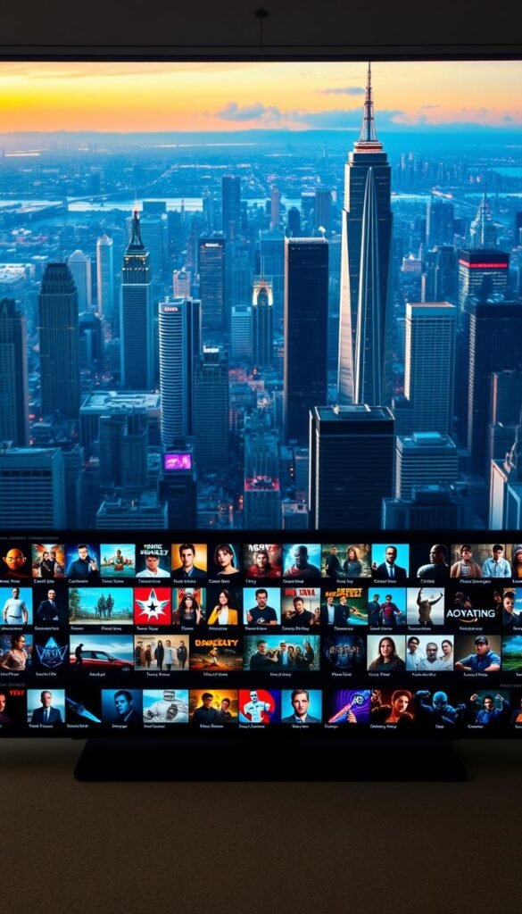 A massive content library from Hoxtoon Provider, showcasing a diverse array of high-quality entertainment options. In the foreground, a sleek, modern interface displays a curated selection of movies, TV shows, and live channels. The middle ground features a sprawling grid of thumbnails, each promising a unique viewing experience. In the background, a cinematic cityscape sets the stage, with towering skyscrapers and a vibrant, neon-lit skyline. The lighting is soft and inviting, creating a sense of depth and atmosphere. The camera angle is slightly elevated, providing a comprehensive view of the extensive content available at Hoxtoon Provider.