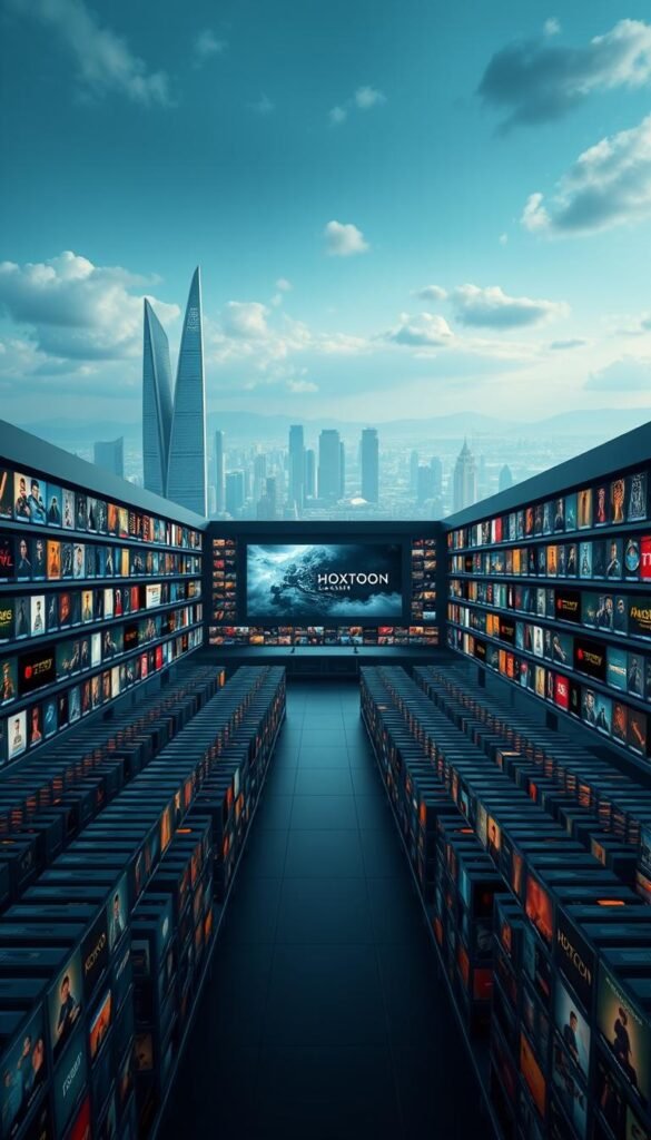 A massive digital library, showcasing the expansive Hoxtoon IPTV Content Library. In the foreground, rows of stylized movie posters and TV show thumbnails stretch out, each a gateway to a vast collection of over 150,000 on-demand titles. The middle ground features a sleek, modern interface, with clean lines and a sophisticated color palette of blues and grays, reflecting the Hoxtoon Provider brand identity. In the background, a cinematic landscape unfolds, with towering skyscrapers and a vibrant cityscape, hinting at the global reach and diverse content available through this comprehensive IPTV service. Crisp, high-resolution imagery and a sense of depth and scale create an immersive, cinematic atmosphere, showcasing the sheer breadth and quality of the Hoxtoon IPTV Content Library.