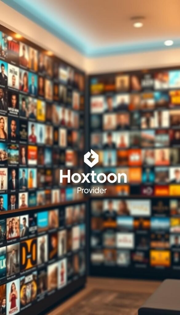 A massive library of on-demand Turkish IPTV content, showcased in a sleek, modern interface. In the foreground, rows of high-definition video thumbnails depicting a diverse array of movies, TV shows, and documentaries. The middle ground features the Hoxtoon Provider branding, prominently displayed with a clean, minimalist design. In the background, a soft, cinematic bokeh effect creates a sense of depth and immersion. Warm, neutral lighting illuminates the scene, evoking a cozy, inviting atmosphere. The overall composition conveys the abundance and accessibility of the extensive Turkish IPTV VOD library.