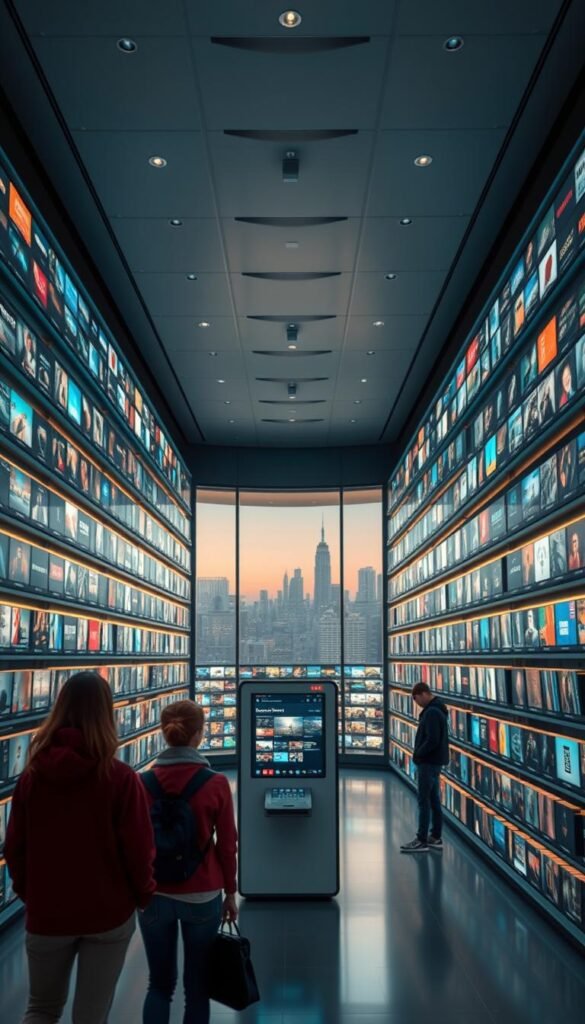 A massive library of on-demand entertainment, the Hoxtoon VODs collection showcases over 150,000 titles across a diverse range of genres. Bathed in warm, soft lighting, the sleek, modern shelves stretch out infinitely, each filled with a multitude of Hoxtoon Provider's high-quality video content. In the foreground, a few users casually browse the selection, their faces illuminated by the glow of the digital displays. The middle ground features a central kiosk, its clean design and intuitive interface inviting further exploration. In the background, a panoramic window offers a breathtaking cityscape view, hinting at the global reach of this expansive on-demand platform.