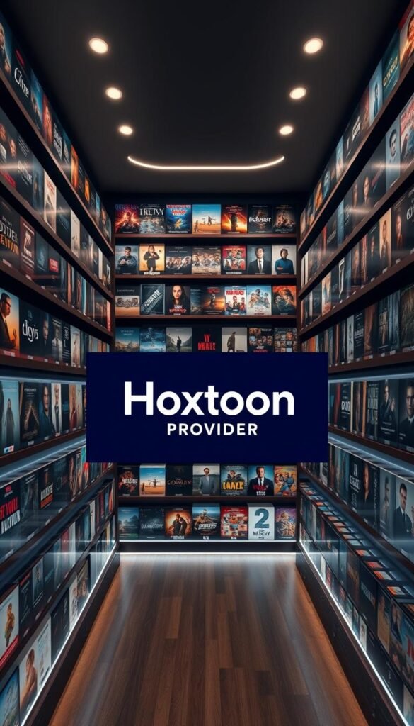 A massive library of over 150,000 video-on-demand titles, showcased in a sleek and modern interface. In the center, the "Hoxtoon Provider" brand logo stands out prominently, conveying the quality and reliability of this IPTV service. The shelves are filled with a diverse array of movie posters and TV show thumbnails, hinting at the extensive content available. Soft, directional lighting illuminates the scene, creating a warm and inviting atmosphere. The camera angle is slightly elevated, providing a panoramic view of the comprehensive VOD library. The overall impression is one of an expansive, meticulously curated collection catering to a wide range of viewer preferences.