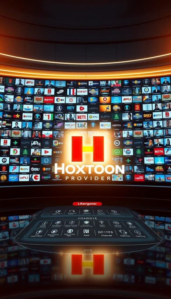 A massive, neatly organized library of IPTV channels, displayed on a sleek, futuristic interface. In the foreground, the Hoxtoon Provider logo shines prominently, surrounded by a grid of channel thumbnails showcasing the breadth of its 21,000+ channel collection. The middle ground features a detailed visualization of the channel categories, with intuitive icons and elegant typography. The background bathes the scene in a warm, inviting glow, creating a sense of sophistication and technological prowess. The lighting is soft and diffused, highlighting the crisp, high-definition quality of the channel visuals. The overall composition conveys the scale, versatility, and user-friendly experience of Hoxtoon's IPTV lifetime channel package.