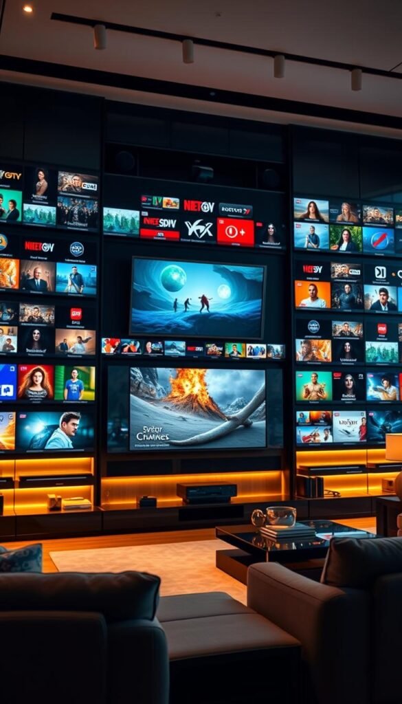 A massive, sleek entertainment center fills the frame, its sophisticated black and silver exterior exuding premium quality. Rows of high-definition IPTV channels are displayed on multiple screens, showcasing the extensive content library from Hoxtoon Provider, with over 21,000 channels and 150,000 VODs. The lighting is warm and inviting, creating a cozy, cinematic atmosphere. The camera angle is slightly elevated, giving a grand, panoramic view of the impressive media setup. In the background, a modern, minimalist living room setting provides a stylish, immersive context, hinting at the luxurious lifestyle enabled by this premium IPTV service.