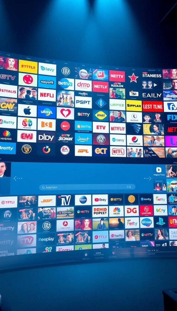 A massive, vibrant IPTV channel interface, showcasing Hoxtoon Provider's expansive content library. In the foreground, a grid of channel logos and thumbnails, each inviting the viewer to explore a diverse range of entertainment options. The middle ground features a sleek, minimalist user interface, with intuitive navigation controls and a search bar. In the background, a soft, atmospheric lighting creates a sense of depth and immersion, while subtle visual cues, such as signal strength indicators and network connectivity details, provide technical context. The overall scene conveys the seamless, high-quality experience that Hoxtoon Provider offers its users, ready to transport them into a world of boundless entertainment.