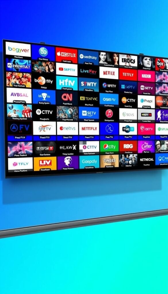 A massive wall-mounted IPTV display showcasing a diverse array of UK channels, ranging from popular entertainment and news to niche documentaries and sports. The display is sleek and modern, with a minimalist design that allows the vibrant channel logos and program thumbnails to take center stage. The background features a stylish gradient in shades of blue, hinting at the vast content library of the "Hoxtoon Provider" IPTV service. The overall scene conveys a sense of technological sophistication and the promise of unlimited viewing options for the discerning UK viewer.