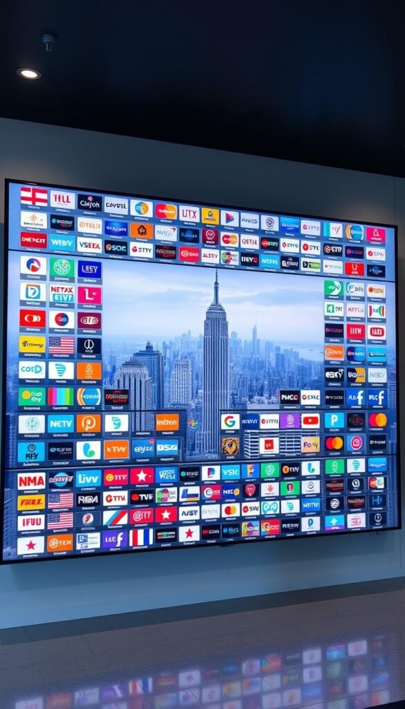 A massive wall-mounted IPTV display showcasing the expansive Hoxtoon Provider channel lineup. In the center, a sleek, minimalist interface presents a grid of over 21,000 channel icons, each meticulously detailed. The background features a cinematic cityscape with towering skyscrapers, hinting at the global reach of this premium IPTV service. Soft, diffused lighting illuminates the display, creating a sense of quality and professionalism. The overall composition conveys the sheer scale and breadth of content available through the Hoxtoon Provider platform.