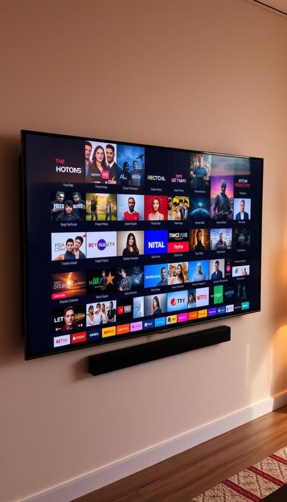 A massive wall-mounted flat-screen TV displaying a breathtaking array of IPTV channels, showcasing the Hoxtoon Provider's impressive content library. The screen is divided into multiple panels, each displaying a diverse selection of live channels, from popular entertainment and news to niche sports and international programming. The layout is sleek and modern, with a clean user interface that effortlessly navigates the 21,000+ channels and 150,000+ VODs available. The scene is bathed in warm, diffused lighting, creating a cozy and inviting atmosphere, perfect for immersive media consumption.