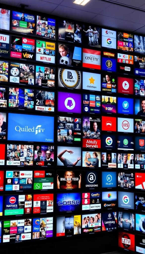 A massive wall of IPTV channels displayed on multiple high-definition screens, showcasing the vast 21,000+ library of the Hoxtoon Provider. The screens are neatly arranged in a grid, each displaying a diverse array of channel logos and thumbnails. The lighting is bright and even, creating a clean, professional atmosphere. The camera angle is slightly elevated, giving a comprehensive overview of the extensive channel selection. The mood is one of abundance and choice, inviting the viewer to explore the wealth of entertainment options available through the Hoxtoon Provider's lifetime subscription service.