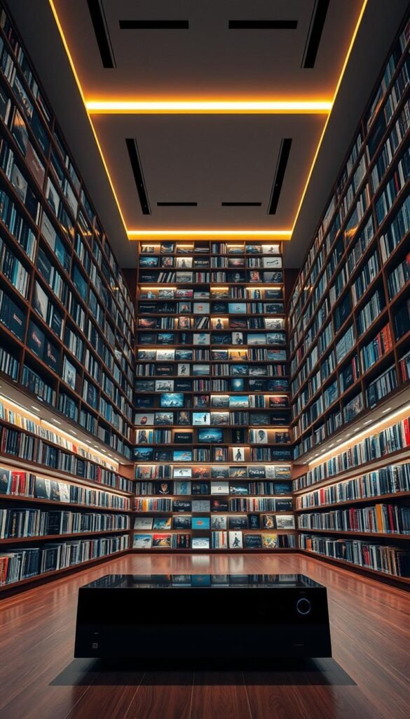 A massive wall-to-wall media library, illuminated by warm overhead lighting and sleek modern shelving. Rows of high-definition digital content, curated by the Hoxtoon Provider, spanning a vast array of genres - movies, TV shows, documentaries, and more. The shelves extend deep into the frame, creating a sense of depth and endless possibilities. In the foreground, a high-end media console sits prominently, hinting at the premium quality of the Hoxtoon content library. The overall atmosphere is one of sophistication, technology, and the thrill of endless entertainment at your fingertips.