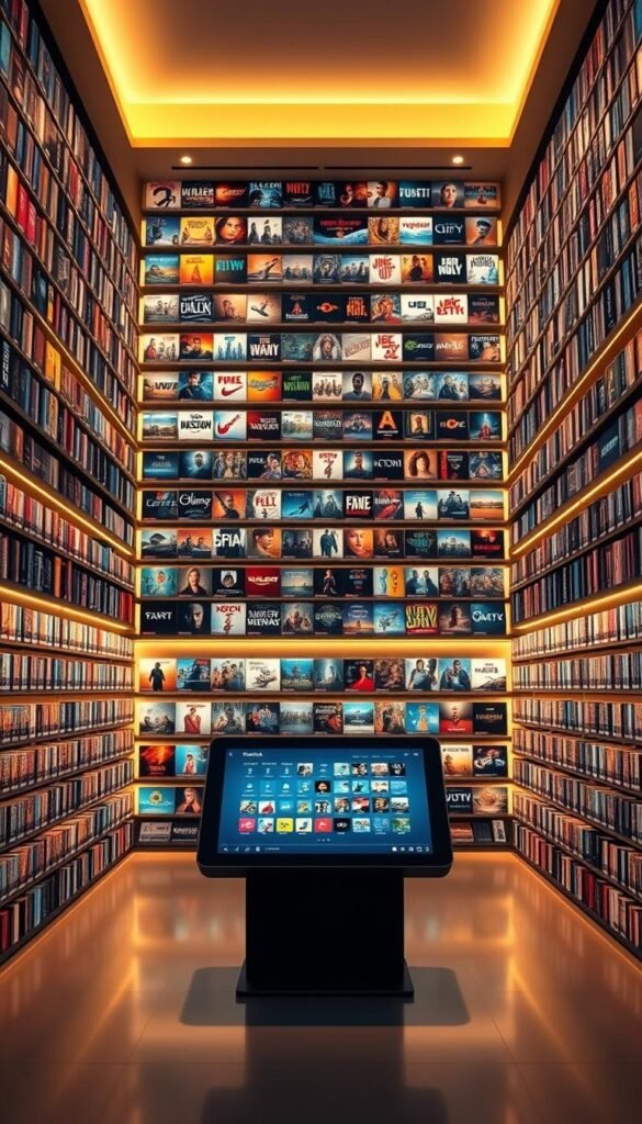 A massive wall-to-wall video library, illuminated by warm overhead lighting and sleek modern shelving. Hundreds of movie and TV show titles line the shelves, creating a visually striking display of the Hoxtoon Provider's vast VOD collection. In the foreground, a central touchscreen kiosk invites users to browse and select from over 150,000 titles, ranging from the latest blockbusters to classic films and international content. The background features a sophisticated, minimalist design with clean lines and neutral tones, conveying a sense of high-quality, premium entertainment. The entire scene exudes a feeling of cinematic grandeur and technological sophistication befitting Hoxtoon Provider's impressive VOD library.