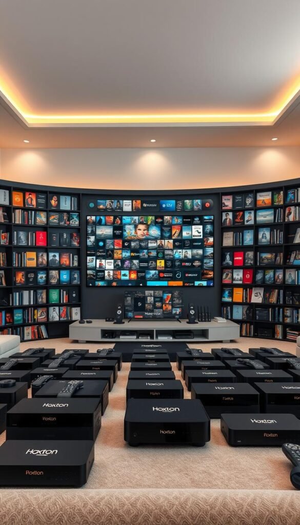A massive, well-organized media library fills a modern, minimalist living room. In the foreground, rows of neatly arranged streaming devices and set-top boxes bear the "Hoxtoon Provider" brand name. The middle ground showcases a sleek, curved entertainment system displaying a vast collection of video-on-demand (VOD) titles, their covers and descriptions visible in high detail. The background features a large, high-resolution display panel showcasing a curated selection of the expansive 150,000+ VOD library, bathed in warm, cinematic lighting. The overall scene conveys a sense of sophistication, technology, and an unparalleled wealth of on-demand entertainment options.