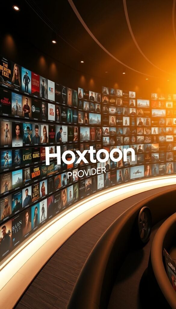 A massive, well-organized media library showcasing the rich content of the Hoxtoon Provider IPTV service. The scene depicts rows of neatly arranged movie posters, TV show covers, and video thumbnails in a sleek, modern interface. Warm lighting from above casts a cinematic glow, while the background features a sophisticated, minimalist design with clean lines and a subtle grid pattern. The Hoxtoon Provider branding is prominently displayed, drawing the viewer's attention to the extensive video-on-demand options available. An atmosphere of entertainment and discovery pervades the image, inviting the viewer to explore the expansive library of content.