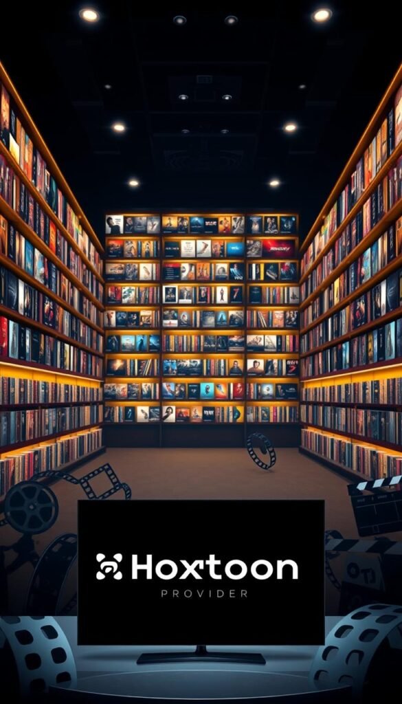 A massive, well-organized video-on-demand library with rows of shelves showcasing a diverse range of movie and TV show titles. The shelves are illuminated by warm, ambient lighting, creating a cozy and inviting atmosphere. In the foreground, a sleek, minimalist interface with the Hoxtoon Provider logo prominently displayed, allowing users to effortlessly browse and access the extensive collection of over 150,000 titles. The background features a stylized, cinematic scene with film reels, clapperboards, and other cinematic elements, emphasizing the rich cinematic experience. The overall composition conveys a sense of abundance, quality, and a visually appealing presentation of the IPTV France VOD library.