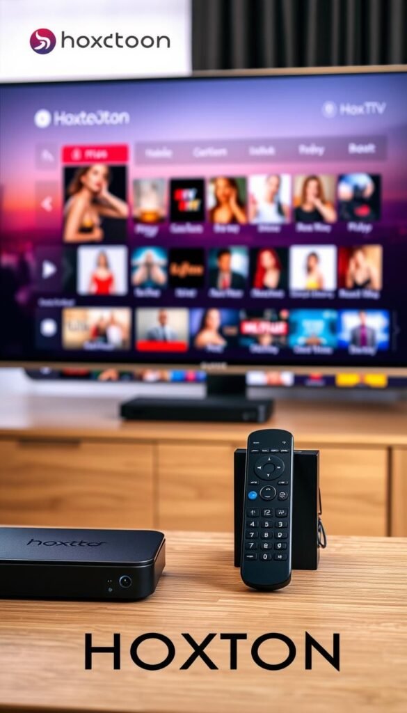 A mature, sophisticated IPTV service called Hoxtoon Provider, showcasing a sleek, modern interface. In the foreground, a high-definition TV displays a range of premium adult content, its screen bathed in a warm, ambient lighting. In the middle ground, a remote control and a discreet set-top box sit on a minimalist, wooden entertainment unit. The background features a softly blurred cityscape, hinting at the global reach and accessibility of this premium IPTV service. The overall scene conveys a sense of exclusivity, privacy, and high-quality entertainment for discerning adult viewers.