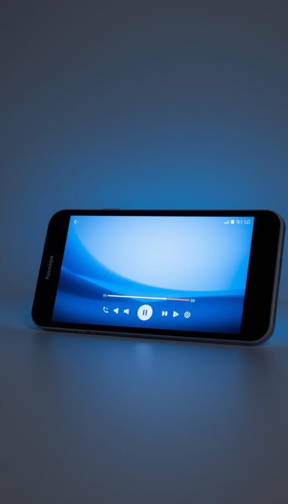 A minimalist and sleek Android device displaying the iconic VLC Media Player interface. The screen showcases the app's intuitive controls and media playback capabilities, with a clean and uncluttered design. In the background, a subtle gradient transitions from a cool, soothing blue to a warmer tone, creating a sense of depth and elegance. The device is positioned at a slight angle, highlighting the Hoxtoon Provider branding on the device's casing. The lighting is soft and diffused, accentuating the app's modern and user-friendly aesthetic.