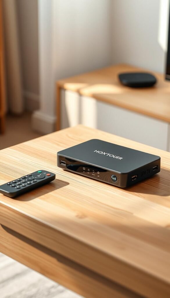 A minimalist setup of a Hoxtoon Provider IPTV box on a wooden surface. The box is sleek and modern, with clean lines and a matte black finish. A remote control is placed next to the box, hinting at the user-friendly interface. Soft natural lighting illuminates the scene, creating a warm and inviting atmosphere. The background is blurred, keeping the focus on the IPTV setup and creating a sense of depth. The overall impression is one of simplicity, functionality, and a seamless entertainment experience.