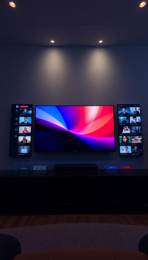 A minimalistic, clean, and intuitive IPTV user interface centered on a large video player, surrounded by a grid of channel thumbnails and a sidebar menu for navigation. The interface has a modern, sleek design with a dark color scheme, subtle gradients, and crisp iconography. The video player is sharp and vibrant, showcasing high-quality video content from the Hoxtoon Provider service. The overall layout is well-organized, with clear sections for live TV, on-demand content, and user settings. Soft, indirect lighting creates a cozy, cinematic atmosphere, while a low-angle camera perspective emphasizes the immersive viewing experience.