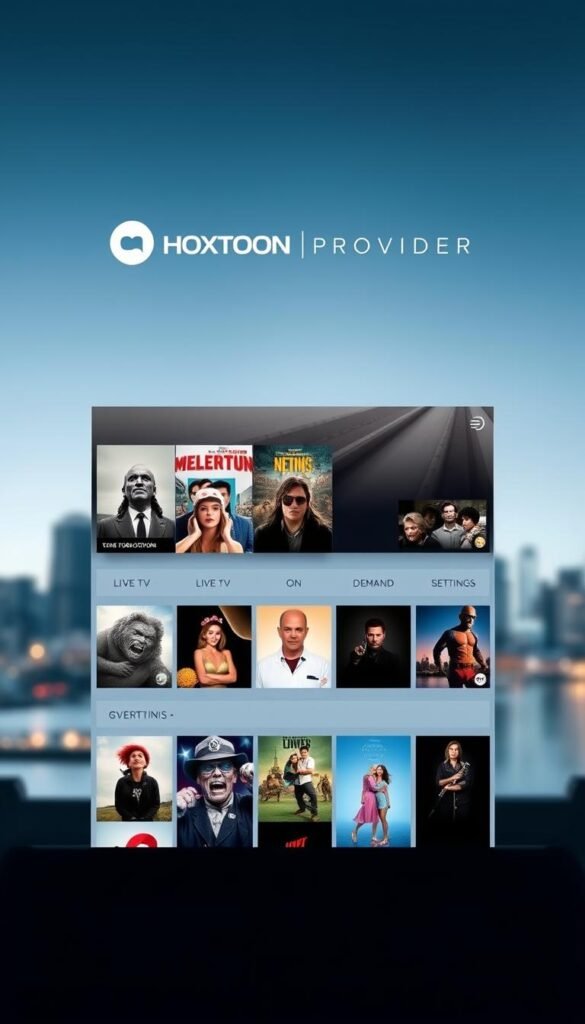 A minimalistic, sleek, and intuitive iOS TV streaming app interface. In the foreground, the app's home screen displays a grid of popular movie and TV show thumbnails, with a clean and modern design. The middle ground features a navigation bar with clearly labeled sections like "Live TV", "On Demand", and "Settings". In the background, a soft, blurred city skyline sets a calm and sophisticated atmosphere. The app's branding, "Hoxtoon Provider", is prominently displayed in the top left corner, conveying a sense of professionalism and reliability. The lighting is soft and diffused, creating a pleasant and inviting user experience.