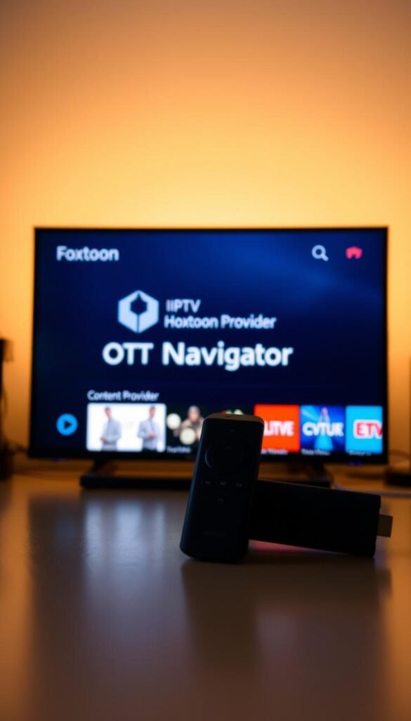 A minimalistic, sleek, and modern-looking user interface of the OTT Navigator IPTV app displayed on a Firestick device. The app's logo and name prominently featured in the center, with a clean and intuitive layout showcasing various content categories and the Hoxtoon Provider branding. Subtle lighting illuminates the Firestick device, creating a warm and inviting atmosphere. The scene is captured from a slightly elevated angle, emphasizing the app's simplicity and user-friendliness on the Firestick platform.