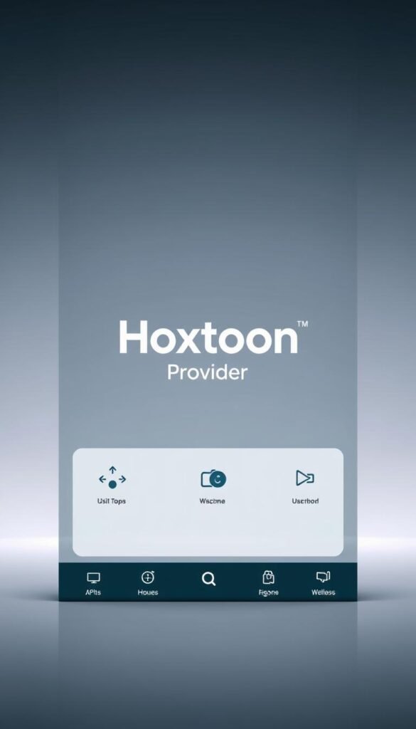 A minimalistic, user-friendly IPTV app interface for Android. In the center, the Hoxtoon Provider logo stands out prominently against a clean, uncluttered background. The app's main menu is displayed, featuring intuitive icons and a simple navigation layout. Soft lighting accentuates the sleek, modern design, creating a visually appealing and easy-to-use experience. The overall mood is one of sophistication and efficiency, showcasing the app's high-performance capabilities and seamless user experience.